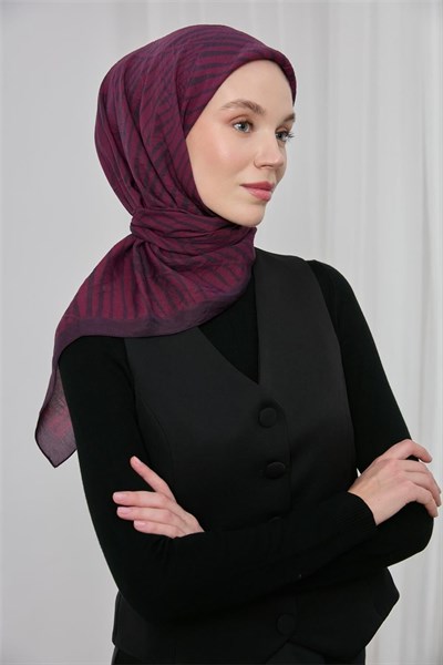 Viskon Velora Eşarp Koyu Mor Şarabi Çizgili Hafif Dökümlü 90x90