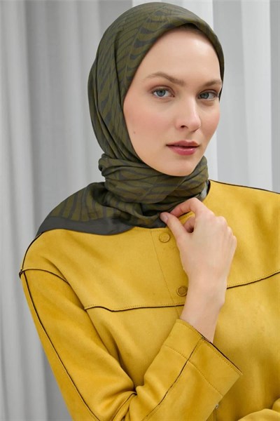 Viskon Velora Eşarp Koyu Yeşil Yağ Yeşili Çizgili Hafif Dökümlü 90x90