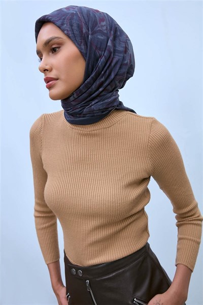 Viskon Velora Eşarp Lacivert-Füme-Bordo Desenli Kaymaz Dokulu Tok Duruşlu 90x90