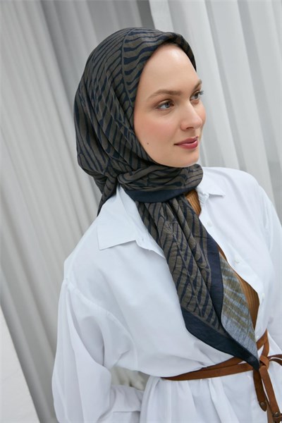 Viskon Velora Eşarp Lacivert Haki Çizgili Hafif Mat Dokulu 90x90