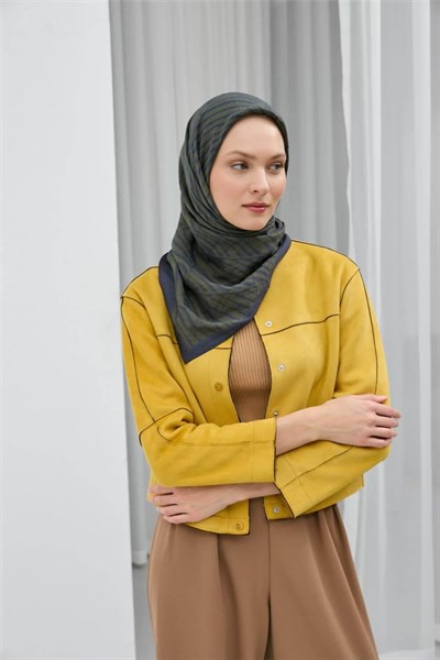 Viskon Velora Eşarp Lacivert Haki Çizgili Mat Dokulu Hafif Dökümlü 90x90