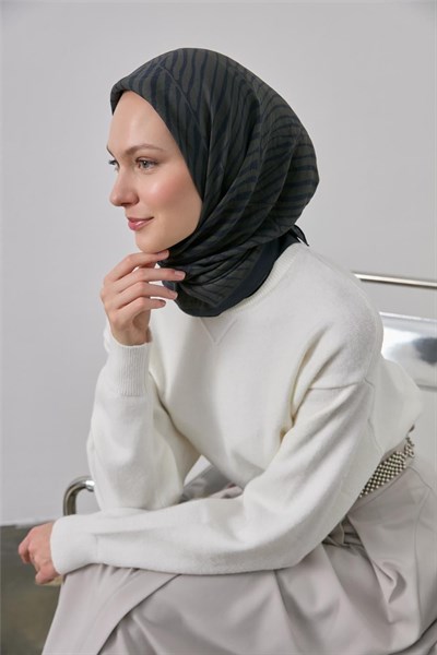 Viskon Velora Eşarp Lacivert Haki İnce Çizgili Hafif Dökümlü 90x90