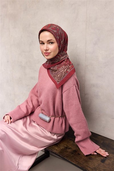 Viskon Velora Eşarp Mocha Tonlu Antik Desenli Tok Duruşlu 90x90