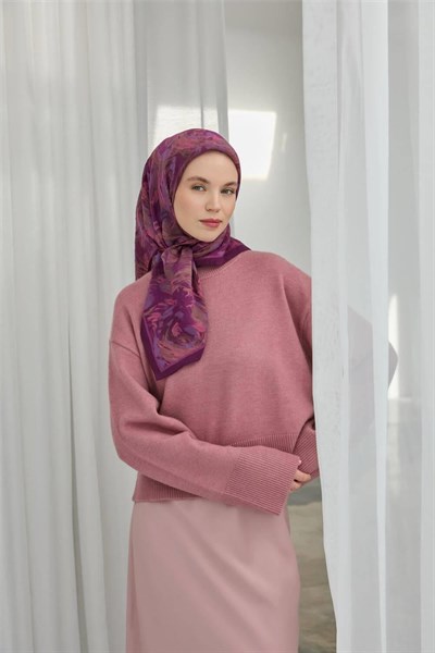 Viskon Velora Eşarp Mor Lila Desenli Yumuşak Dokulu Tok Duruşlu 90x90