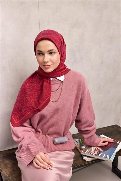 Viskon Velora Eşarp Mürdüm Kiremit Tonlu Antik Desenli Tok Duruşlu 90x90