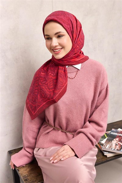 Viskon Velora Eşarp Mürdüm Kiremit Tonlu Antik Desenli Tok Duruşlu 90x90