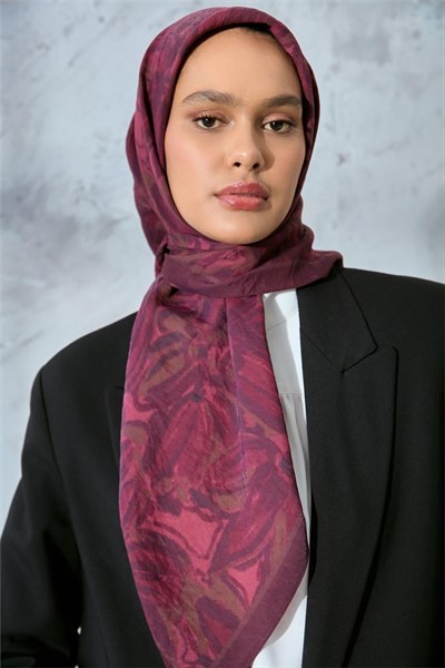 Viskon Velora Eşarp Mürdüm-Vişne Tonlu Desenli Tok Duruşlu Kaymaz 90x90