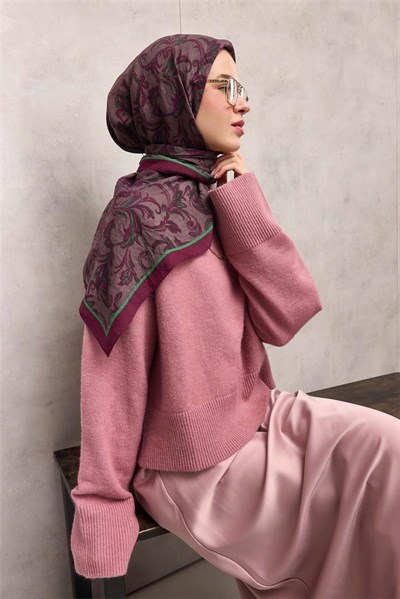 Viskon Velora Eşarp Patlıcan Moru Floral Desenli Tok Duruşlu 90x90