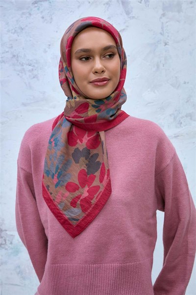 Viskon Velora Eşarp Pembe-Sütlü Kahve-Petrol Mavi Desenli Kaymaz Dokulu Tok Duruşlu 90x90