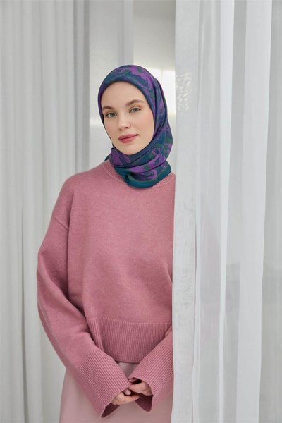 Viskon Velora Eşarp Petrol Mavi Desenli Tok Duruşlu Dört Mevsim 90x90