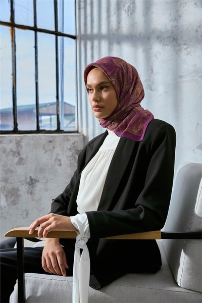 Viskon Velora Eşarp Violet-Camel Tonlu Desenli Tok Duruşlu Kaymaz 90x90