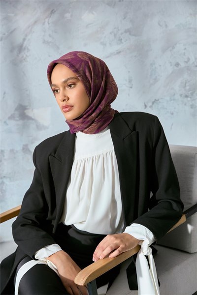 Viskon Velora Eşarp Violet-Camel Tonlu Desenli Tok Duruşlu Kaymaz 90x90