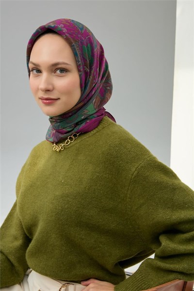 Viskon Velora Eşarp Violet Desenli Tok Duruşlu Dört Mevsim 90x90