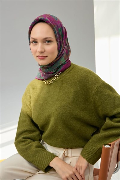 Viskon Velora Eşarp Violet Desenli Tok Duruşlu Dört Mevsim 90x90