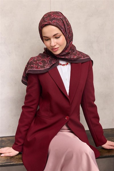 Viskon Velora Eşarp Vişne Moru Tonlu Barok Floral Desenli Tok Duruşlu 90x90