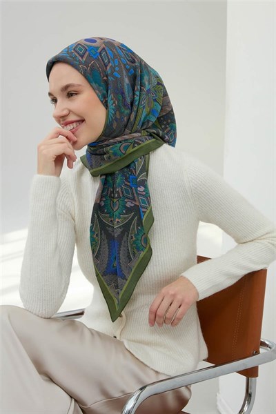 Viskon Velora Eşarp Yeşil Çok Renkli Desenli Tok Duruşlu 90x90