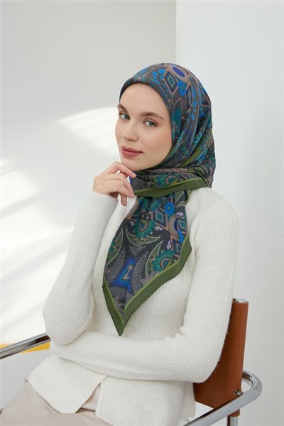 Viskon Velora Eşarp Yeşil Çok Renkli Desenli Tok Duruşlu 90x90