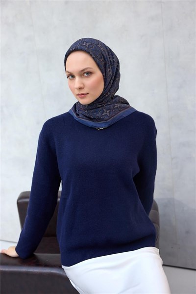 Viskon Velora Eşarp Yonca Desenli Derin Lacivert Tok Duruşlu 90x90