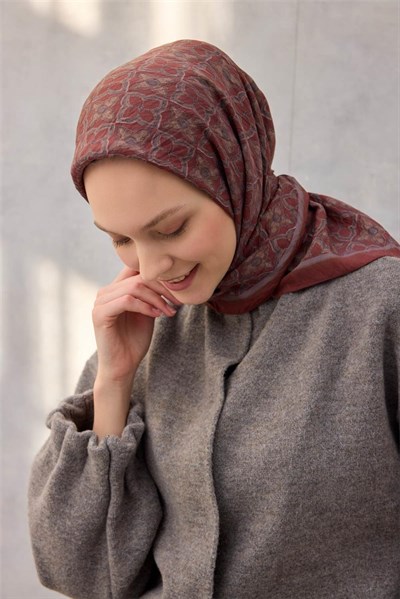 Viskon Velora Eşarp Yonca Desenli Mat Bordo Tok Duruşlu Dört Mevsim 90x90