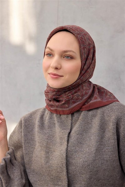 Viskon Velora Eşarp Yonca Desenli Mat Bordo Tok Duruşlu Dört Mevsim 90x90