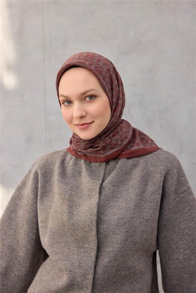 Viskon Velora Eşarp Yonca Desenli Mat Bordo Tok Duruşlu Dört Mevsim 90x90