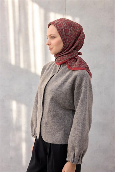 Viskon Velora Eşarp Yonca Desenli Vişne Rengi Tok Duruşlu Dört Mevsim 90x90