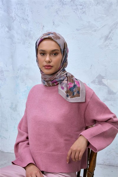 Viskon Velora Karışımlı Eşarp Kum Beji-Bej Pembe Tonlu Desenli Tok Duruşlu 90x90