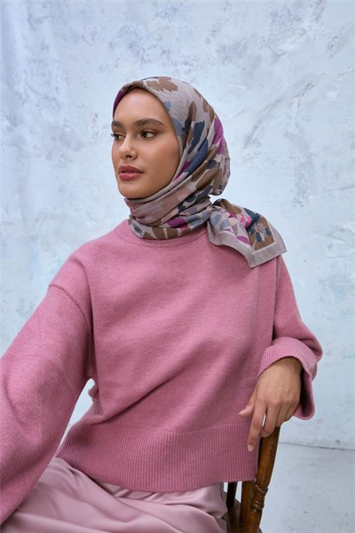 Viskon Velora Karışımlı Eşarp Kum Beji-Bej Pembe Tonlu Desenli Tok Duruşlu 90x90