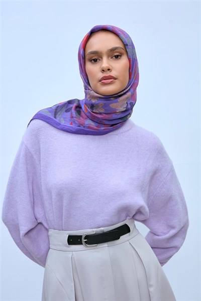 Viskon Velora Karışımlı Eşarp Mor-Turuncu Tonlu Desenli Tok Duruşlu 90x90