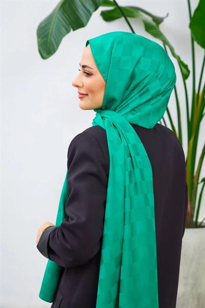 Yeni Dama Desen İpeksi Jakar Şal Benetton Yeşil 9007-23