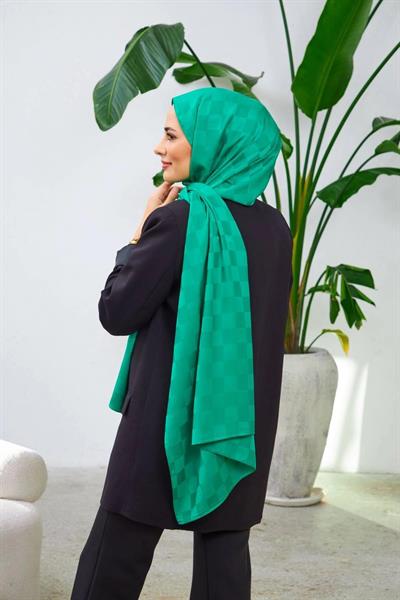Yeni Dama Desen İpeksi Jakar Şal Benetton Yeşil 9007-23