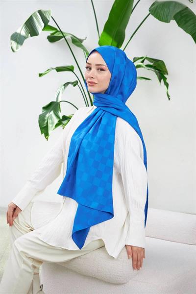 Yeni Dama Desen İpeksi Jakar Şal Saks Mavi 9007-09