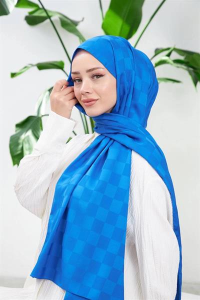 Yeni Dama Desen İpeksi Jakar Şal Saks Mavi 9007-09
