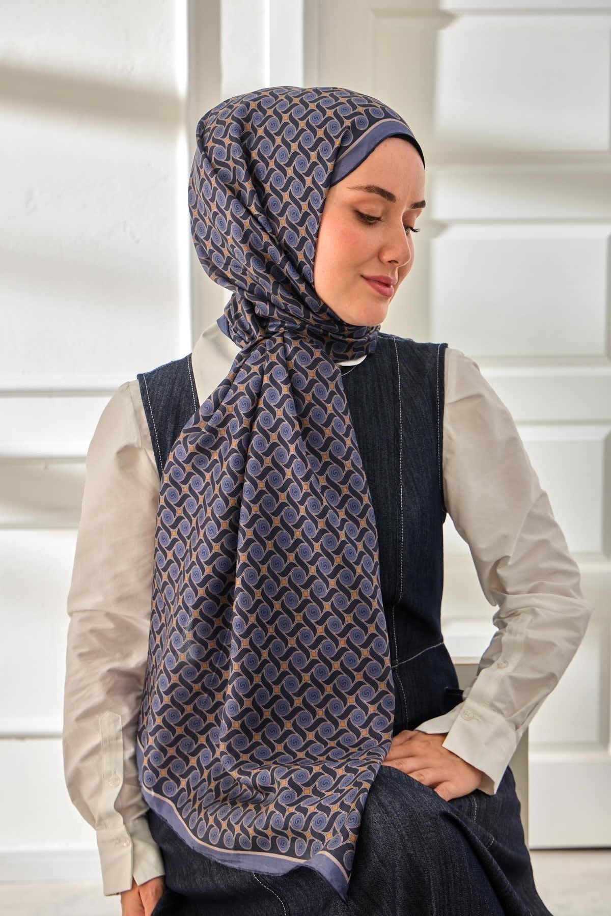 %100 Vual İpek Şal Desenli İndigo Tonlu 70x190