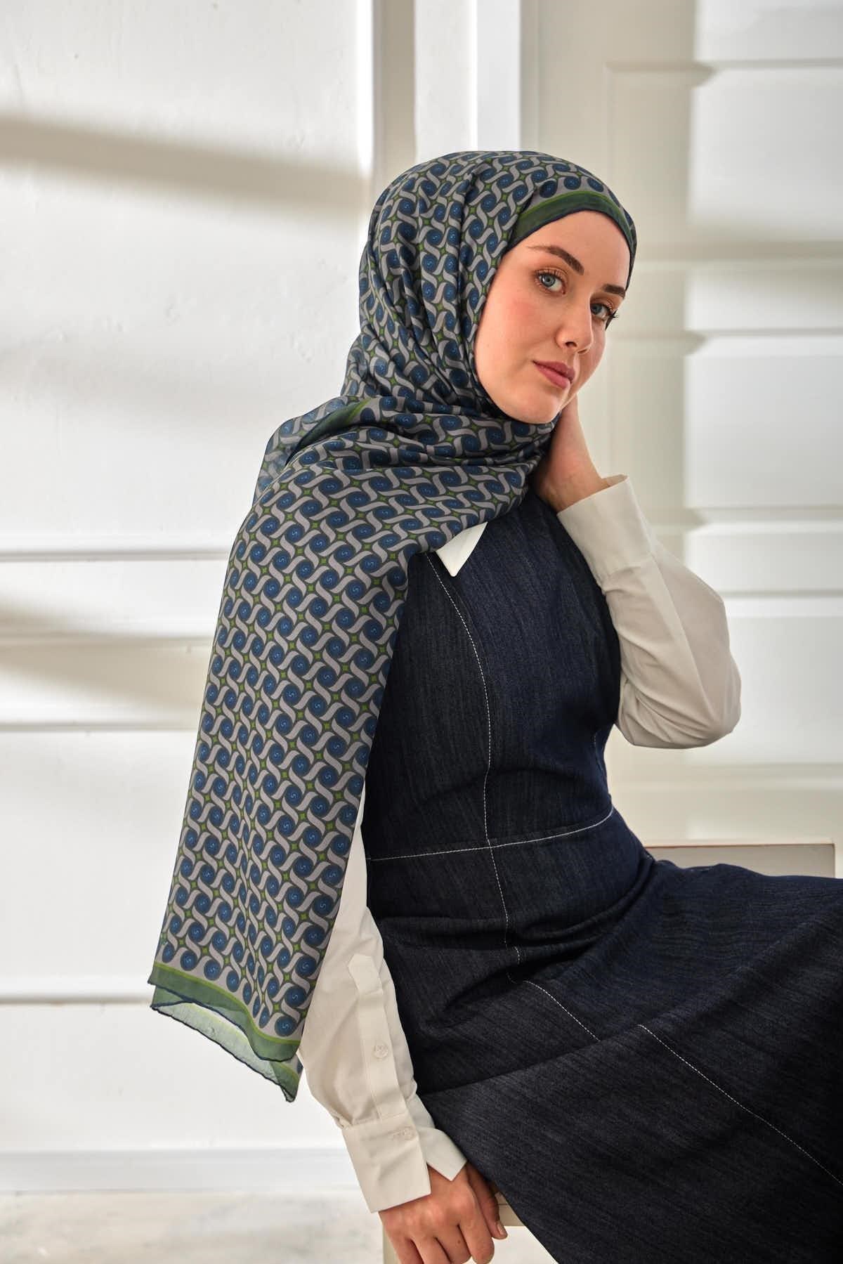 %100 Vual İpek Şal Desenli Lacivert Yeşil Tonlu 70x190