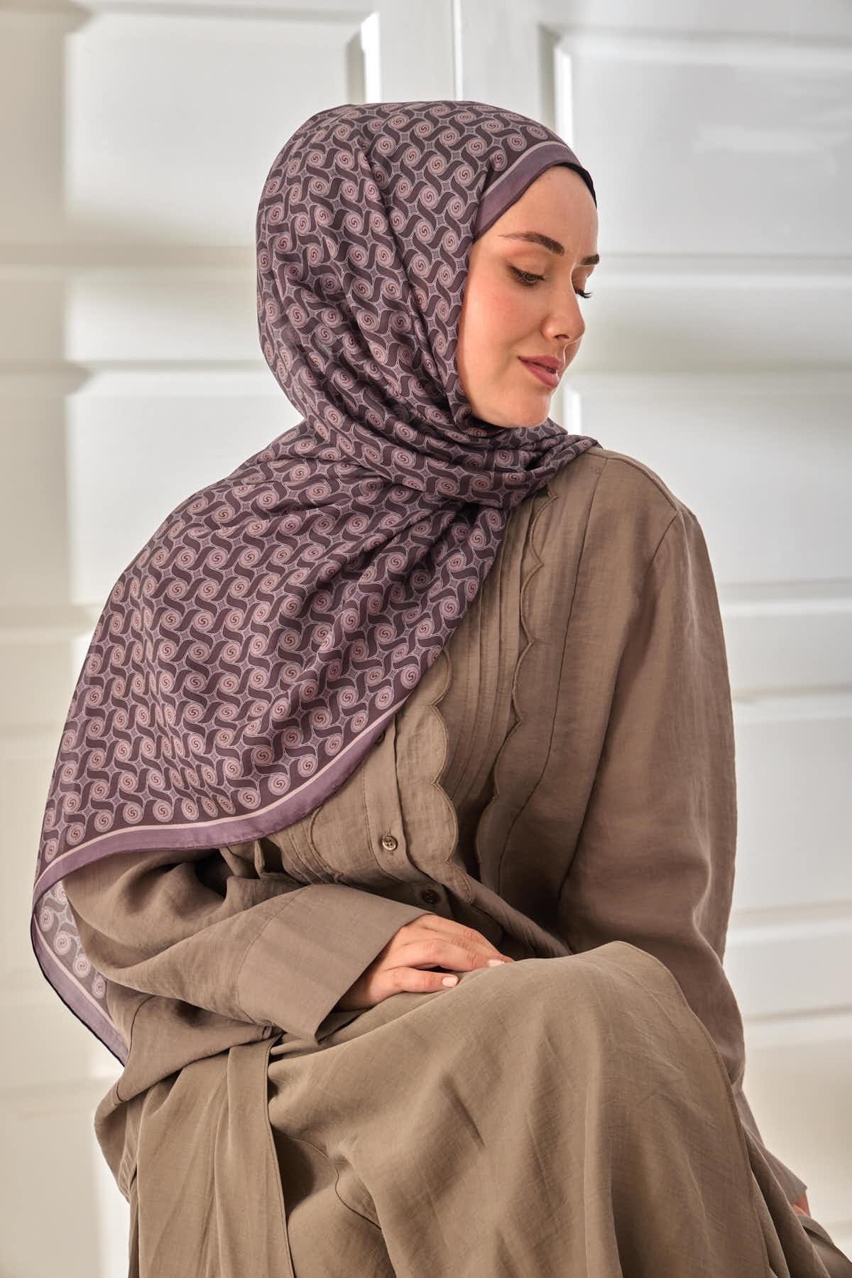 %100 Vual İpek Şal Eski Lavanta Mor Desenli 70x190