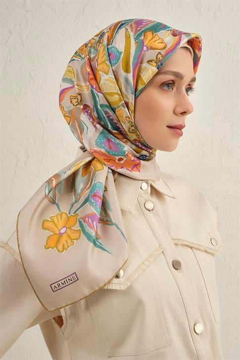 Armine Çiçek Desenli Saf İpek Twill Eşarp 9332D 07