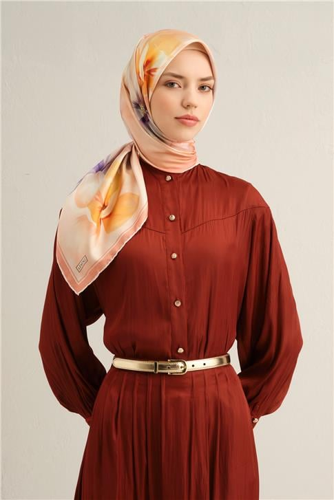 Armine Çiçek Desenli Saf İpek Twill Eşarp 9305D 34