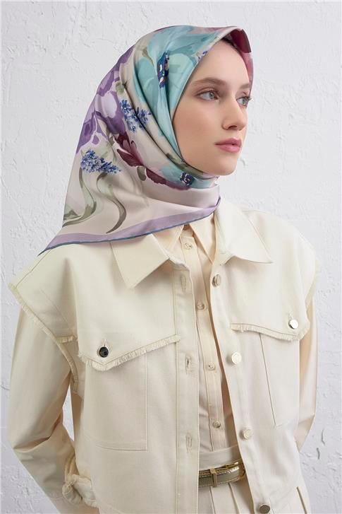 Armine Çiçek Desenli Saf İpek Twill Eşarp 9414D 6