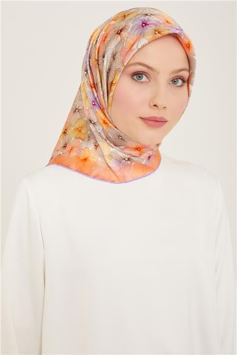 Armine Çiçek Desenli Twill İpek Eşarp 24Ya9108 83 35