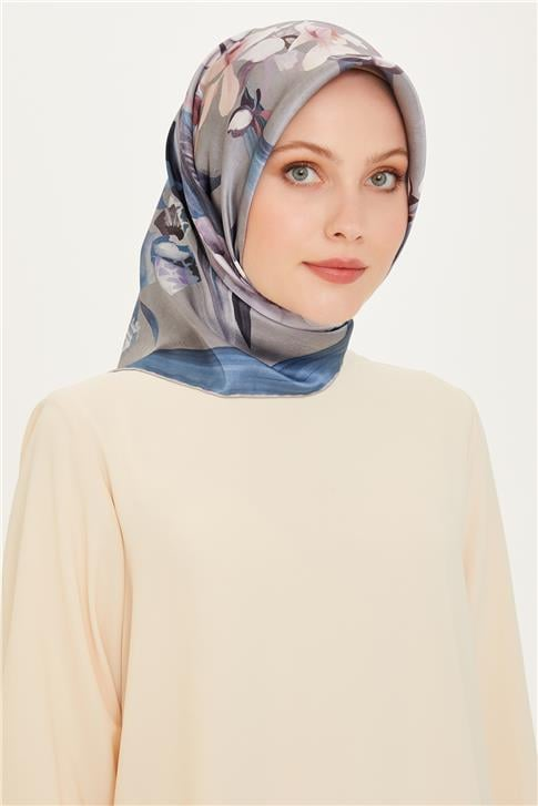 Armine Çiçek Desenli Twill Saf İpek Eşarp 9215D 34 37