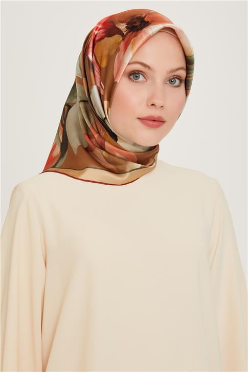 Armine Çiçek Desenli Twill Saf İpek Eşarp 9205D 80