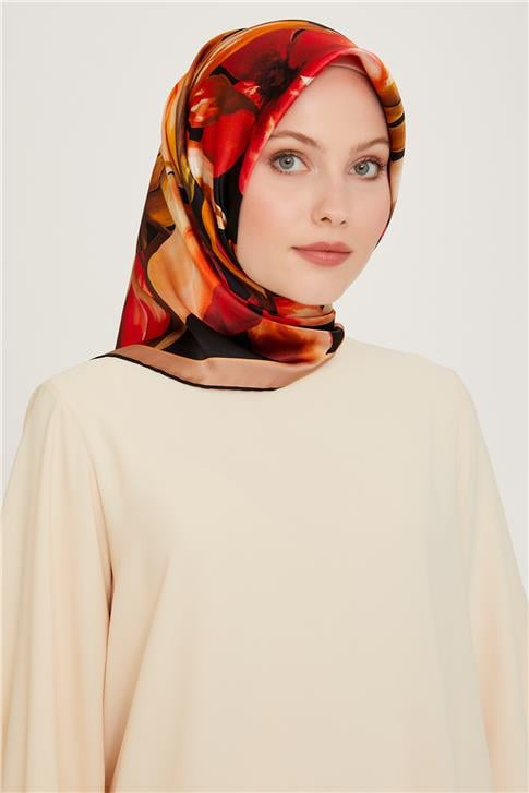 Armine Çiçek Desenli Twill Saf İpek Eşarp 9205D 06