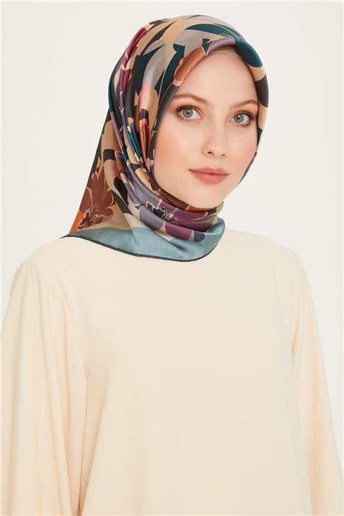 Armine Çiçek Desenli Twill Saf İpek Eşarp 9238D 81