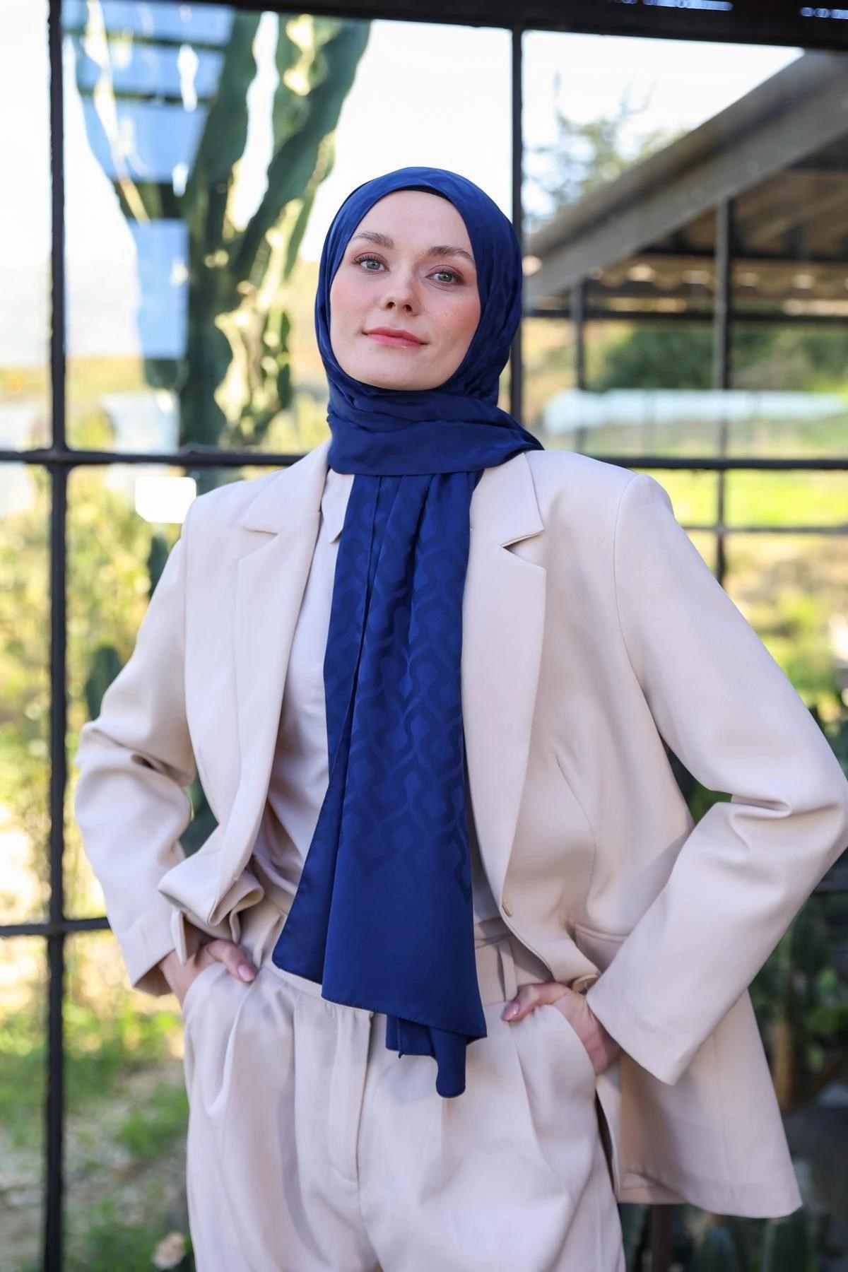 Damla Desen İpeksi Jakar Şal Parlament Mavi 9012-19