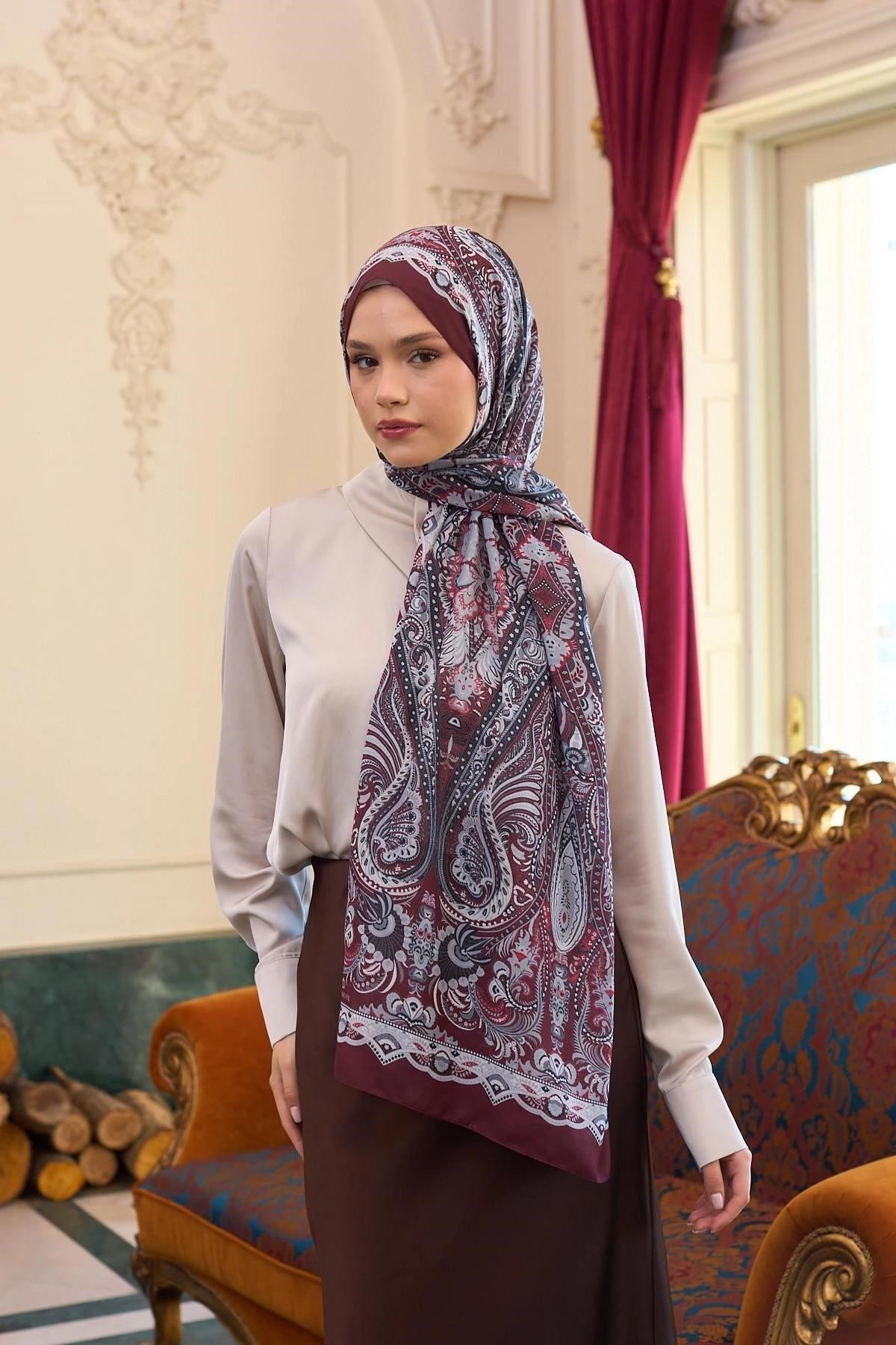 Desenli Vual Şal Bordo Vual İpek Şal - 9804-03