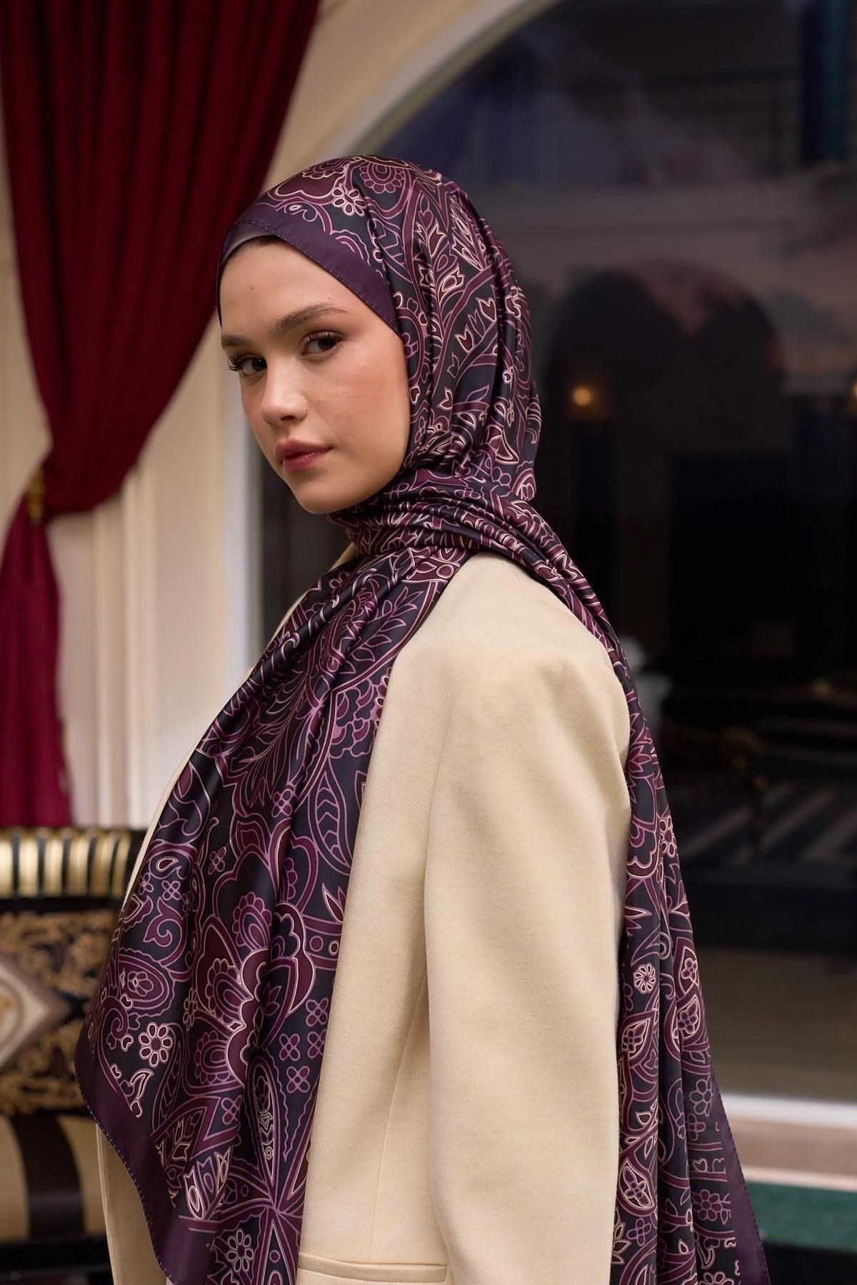 Desenli Vual Şal Mürdüm Vual İpek Şal - 9803-19