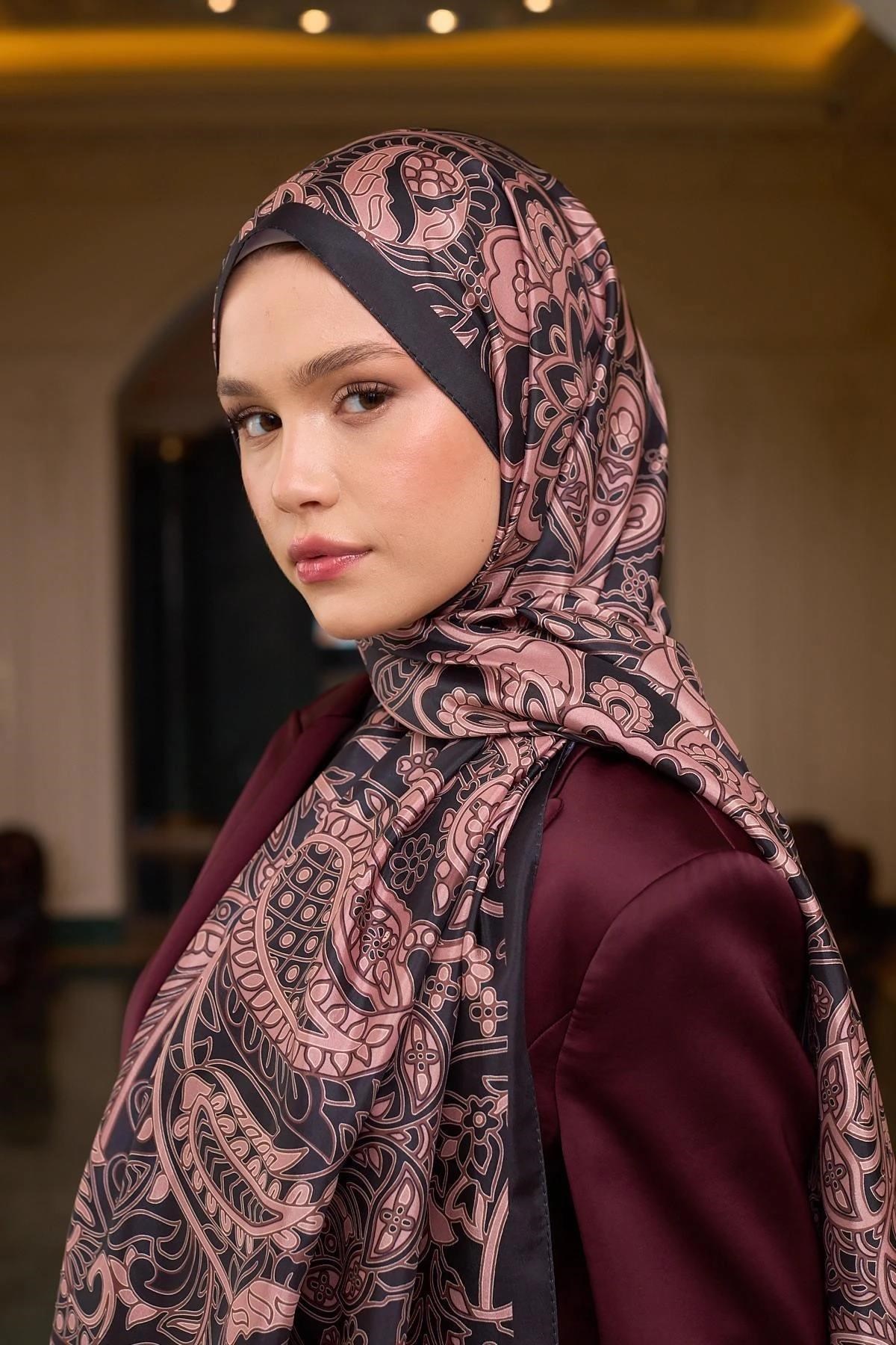 Desenli Vual Şal Siyah Sütlü Kahve Vual İpek Şal - 9803-26