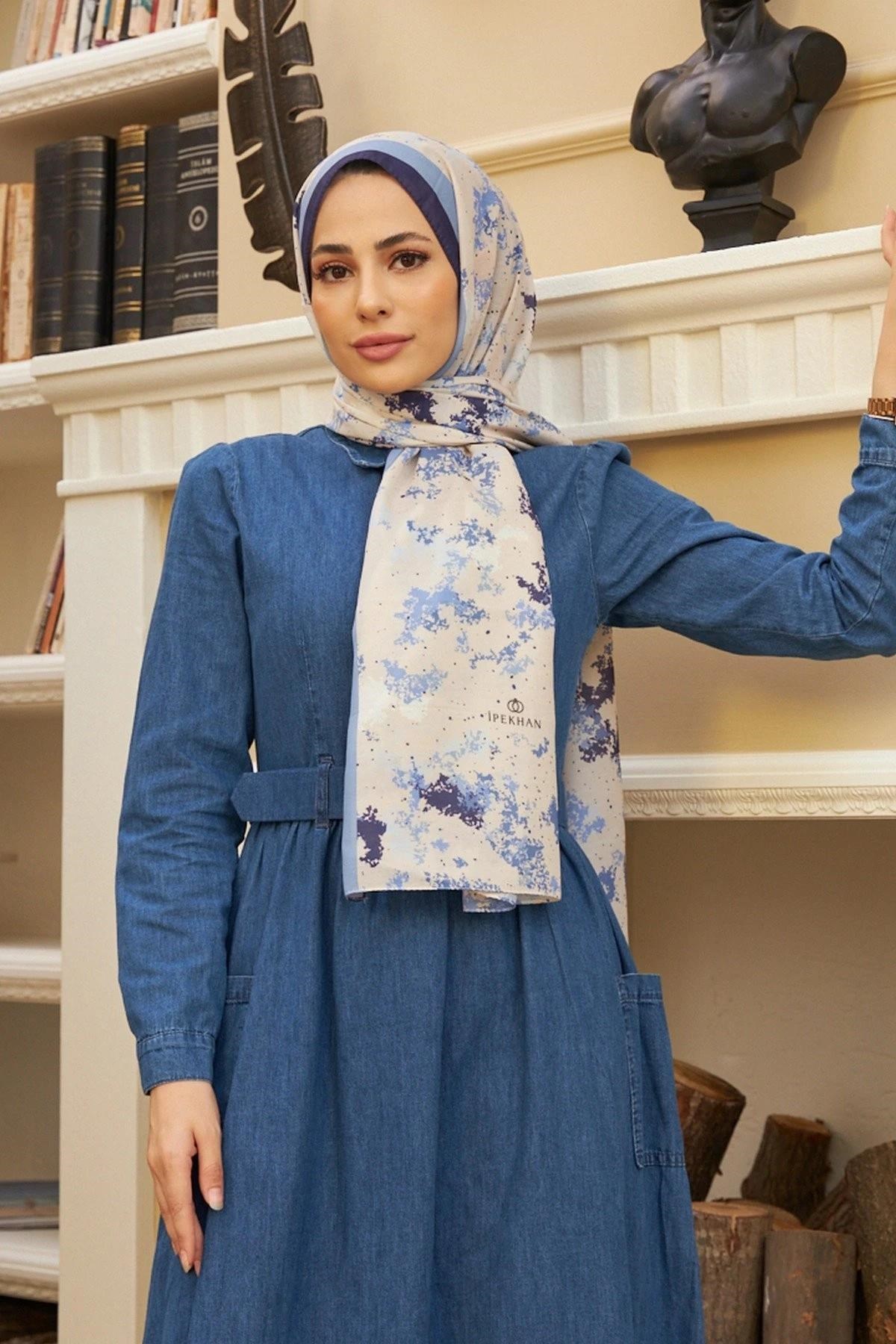 Ebru Pamuk Viskon Şal Kot Mavi