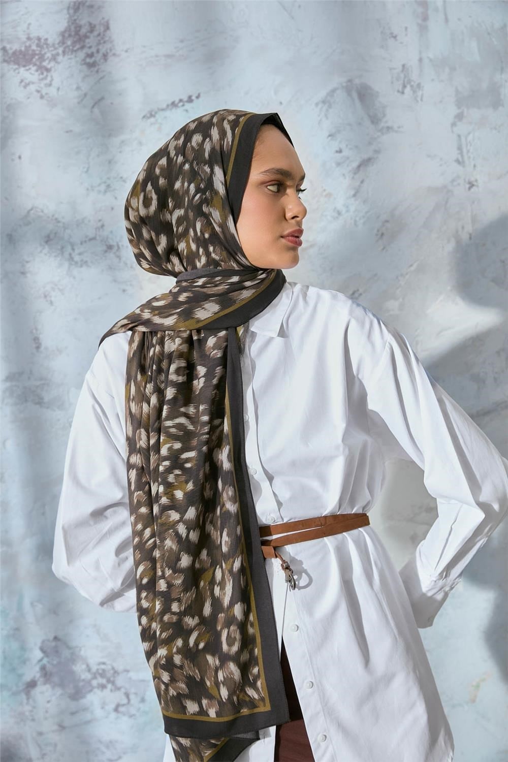 Eco Viscose Leopar Şal Haki Nefes Alan Dokulu 90x2